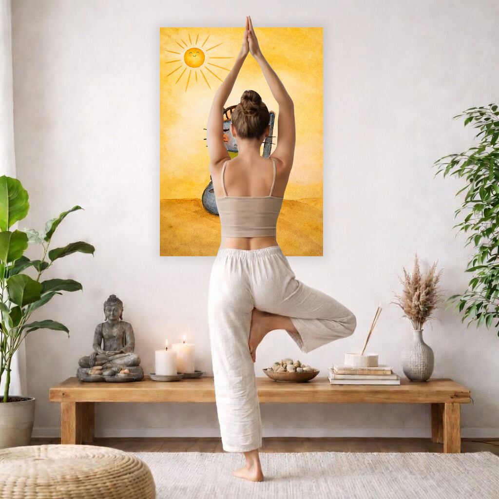 Poster of a gray cat meditating peacefully on a sunny day with warm light and calm surroundings.  The poster is framed hanging on a living room wall. A woman is doing the yoga tree pose (Vrksasana) facing the poster. There is a coffee table in front of her with candles and a Buddha statue. There are green potted plants on each side of the room.
