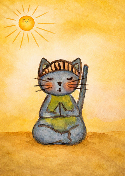 Poster of a gray cat meditating peacefully on a sunny day with warm light and calm surroundings.  This is a print of the original watercolor created by Brazilian artist Thaís Suizo for the LET'S MEDITATE series of meditation guides. 
