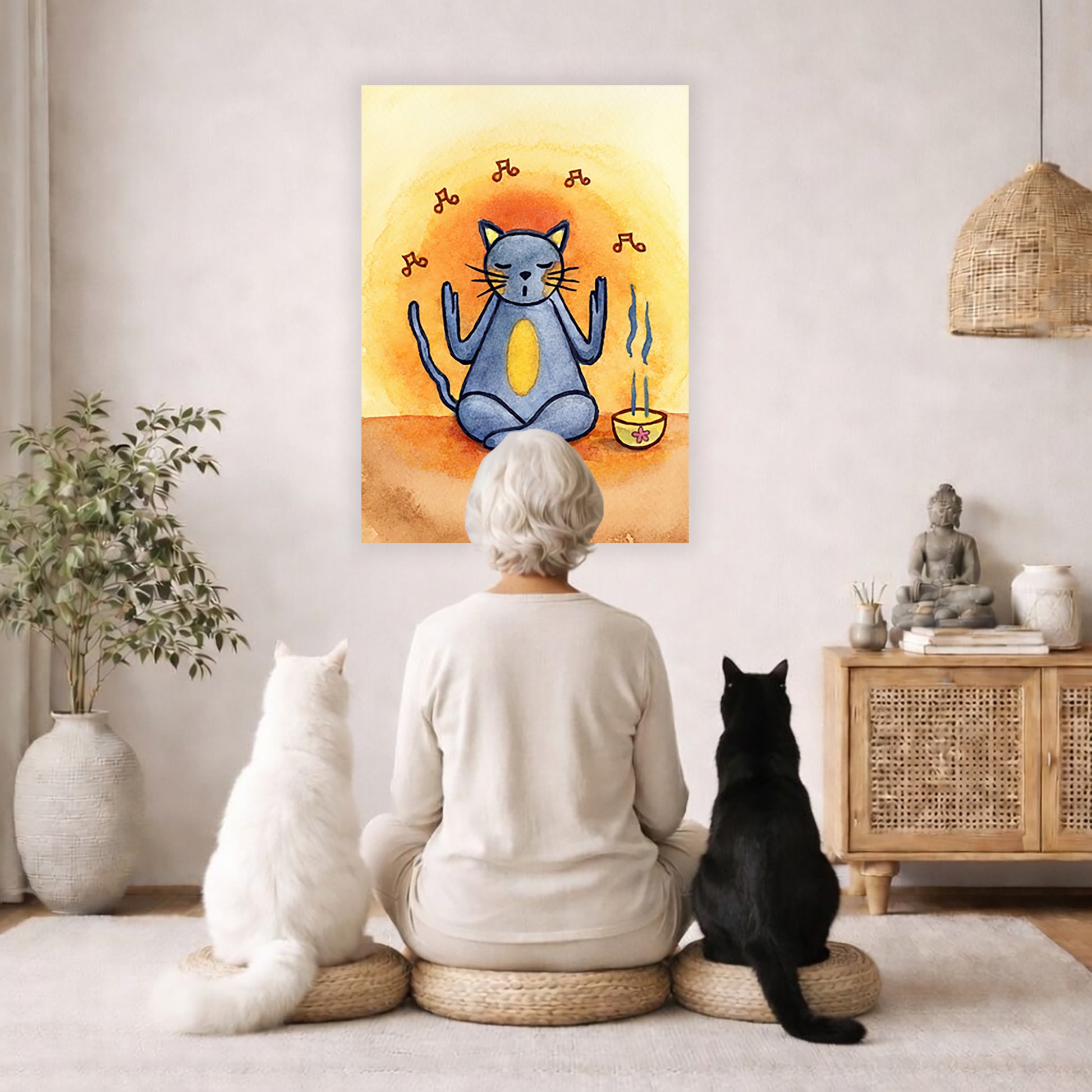 Poster of a gray cat chanting in meditation with incense smoke rising beside it.  Two cats and woman are sitting on a wicker pillow meditating facing the poster. There is a floor plant on in the left corner. On the right side is a cabinet with a Buddha statue on top, burning incense and a few books.
