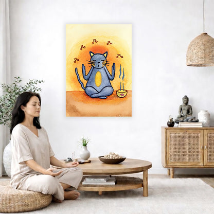 Poster of a gray cat chanting in meditation with incense smoke rising beside it.  The poster is in the center of the living room wall. A woman is on a chair on the left side of his living room meditating. There is a green potted plant behind her. On the right side is a cabinet with a Buddha statue on it.

