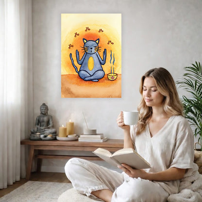 Poster of a gray cat chanting in meditation with incense smoke rising beside it.  The poster is in the center of the living room wall. There is a coffee table below the poster with burning candles. A woman is sitting in a wicker chair on the right side of the poster with a cup of tea reading a book.
