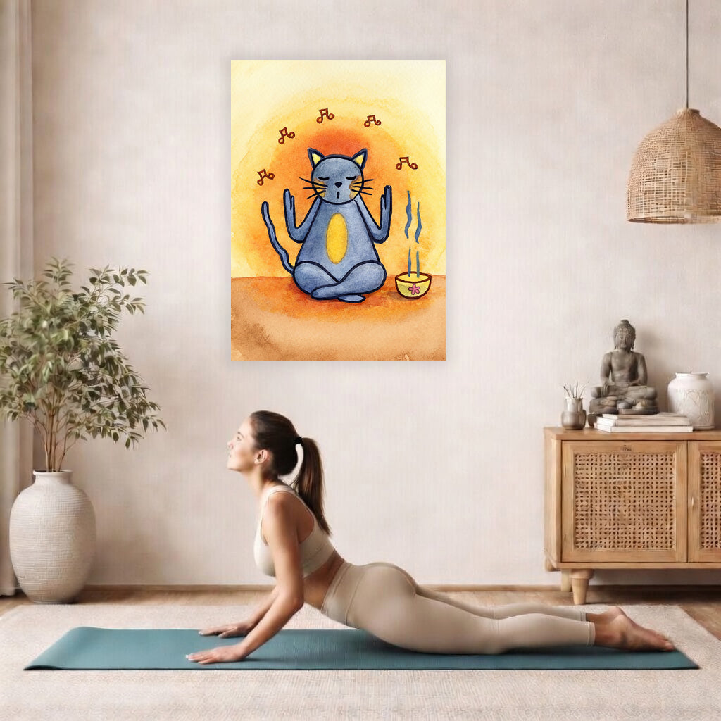 Poster of a gray cat chanting in meditation with incense smoke rising beside it.  The poster is hanging on the wall. A woman on her yoga mat is doing the cobra pose in front of the poster. here is a potted plant on the left side and a cabinet with a Buddha statue on it on the right side.
