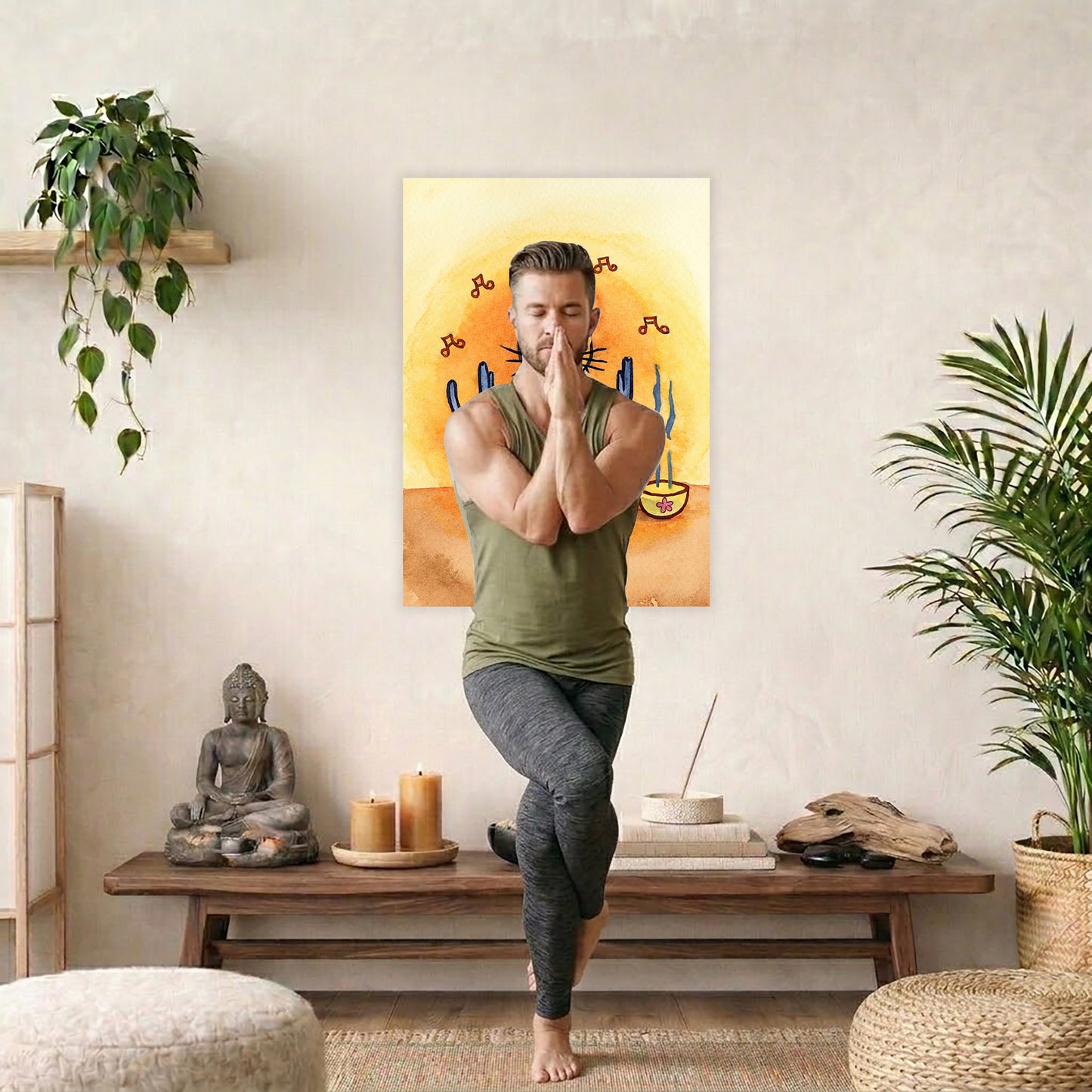 Poster of a gray cat chanting in meditation with incense smoke rising beside it. A man is doing the yoga Eagle Pose in front of the poster. There is a coffee table behind him with a Buddha statue, incense and candles. A green potted plant is on each side of the image.