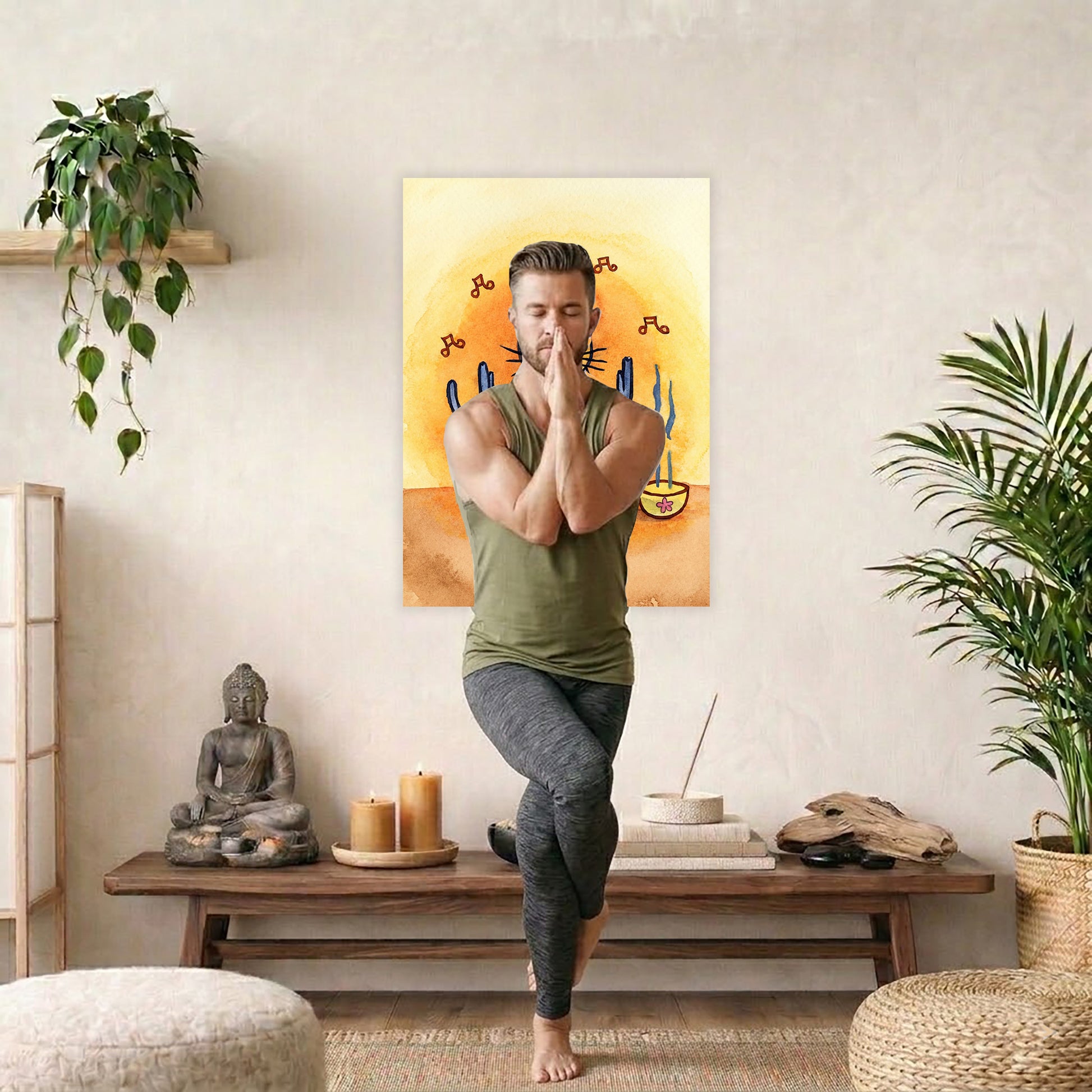 Poster of a gray cat chanting in meditation with incense smoke rising beside it. A man is doing the yoga Eagle Pose in front of the poster. There is a coffee table behind him with a Buddha statue, incense and candles. A green potted plant is on each side of the image.
