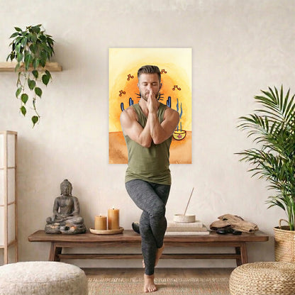 Poster of a gray cat chanting in meditation with incense smoke rising beside it. A man is doing the yoga Eagle Pose in front of the poster. There is a coffee table behind him with a Buddha statue, incense and candles. A green potted plant is on each side of the image.