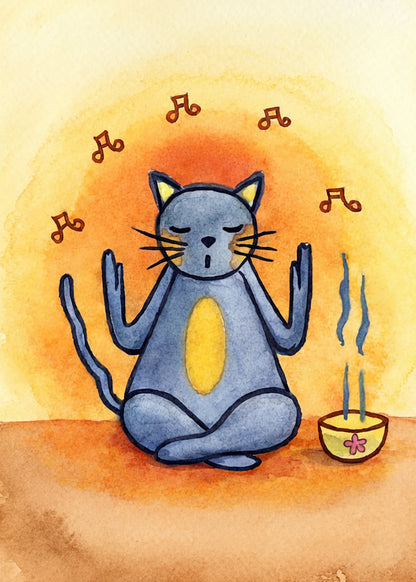 Poster of a gray cat chanting in meditation with incense smoke rising beside it. This is a print of the original watercolor created by Brazilian artist Thaís Suizo for the LET'S MEDITATE series of meditation guides. 
