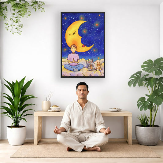 A man and his cats meditate together sitting on a cloud under the moon and the night sky. The poster is framed and is in the center of the living room wall. There is a man meditating facing away from the wall. Behind him is a coffee table with incense and a Buddha statue. There are potted plants on the right and left side of the background.
