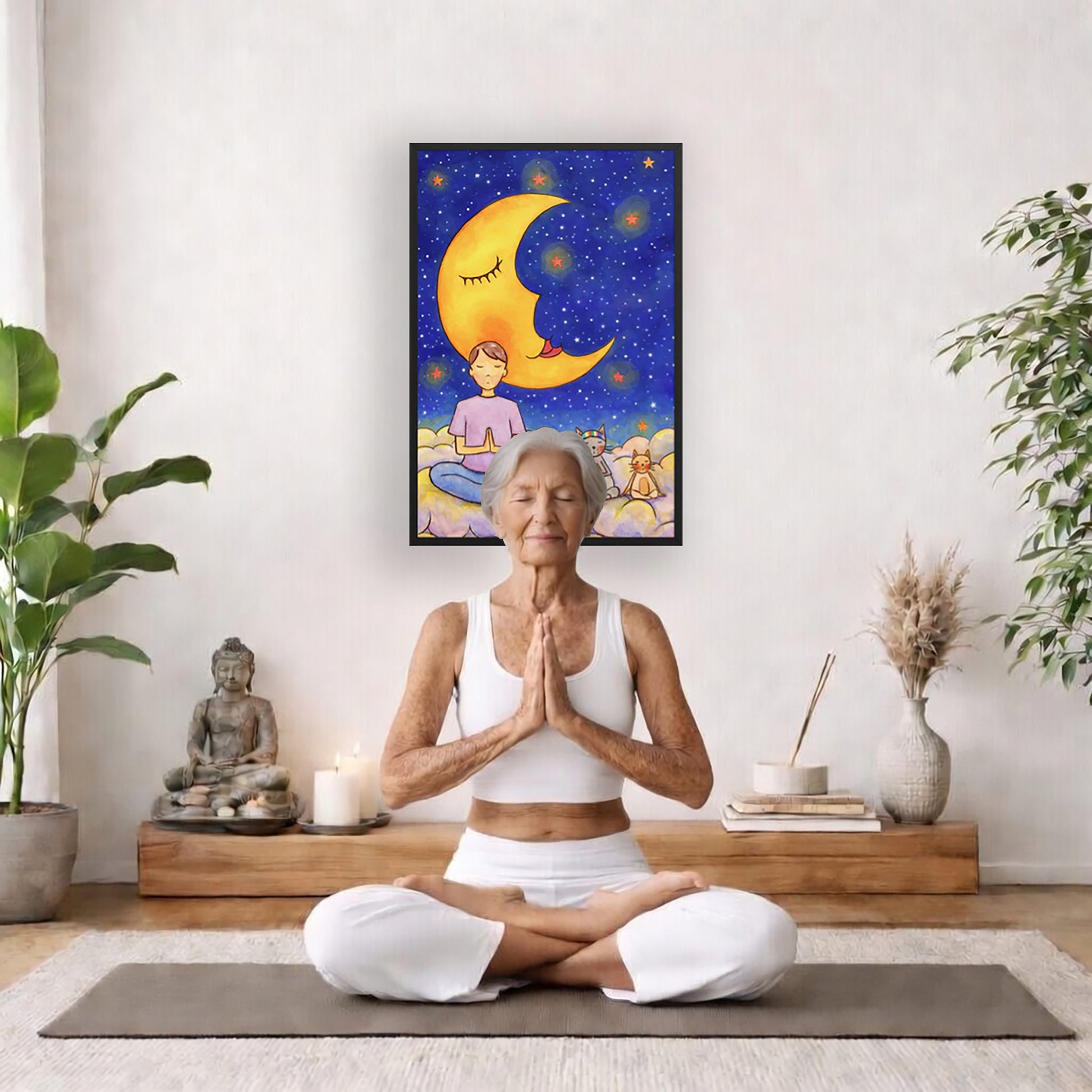 A man and his cats meditate together sitting on a cloud under the moon and the night sky.  The poster is framed and is in the center of the living room wall. There is a woman meditating facing away from the wall. Behind her is a coffee table with incense and a Buddha statue. There are potted plants on the right and left side of the background.
