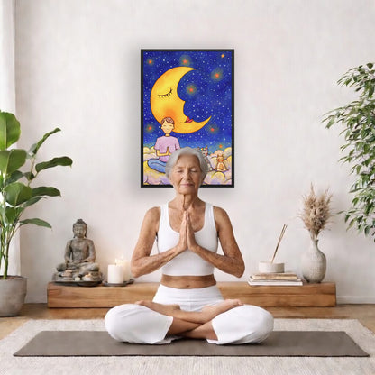A man and his cats meditate together sitting on a cloud under the moon and the night sky.  The poster is framed and is in the center of the living room wall. There is a woman meditating facing away from the wall. Behind her is a coffee table with incense and a Buddha statue. There are potted plants on the right and left side of the background.
