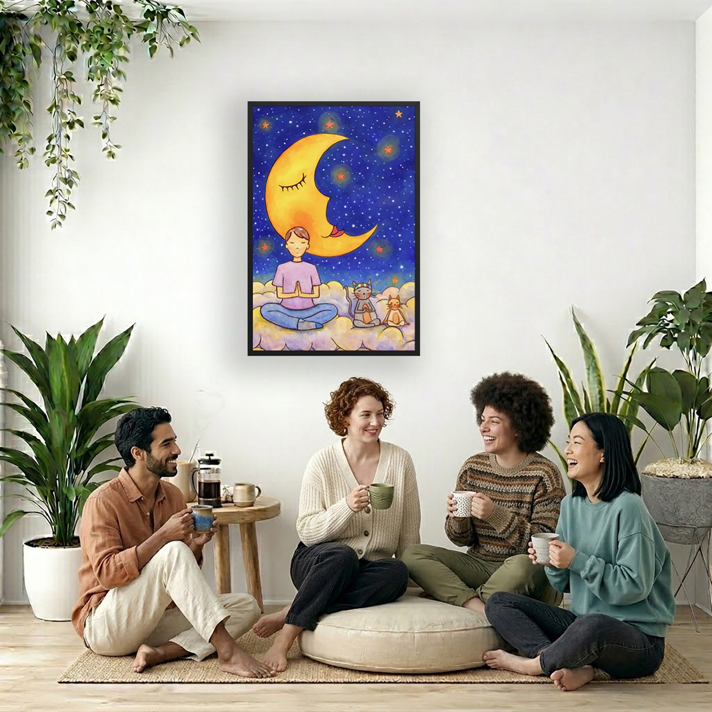 A man and his cats meditate together sitting on a cloud under the moon and the night sky.  The poster is framed and is in the center of the living room wall. Four friends are sitting on the living room carpet below the poster. They are drinking coffee. To the left is a green floor plant and a hanging green plant. To the right of them is a green floor plant.

