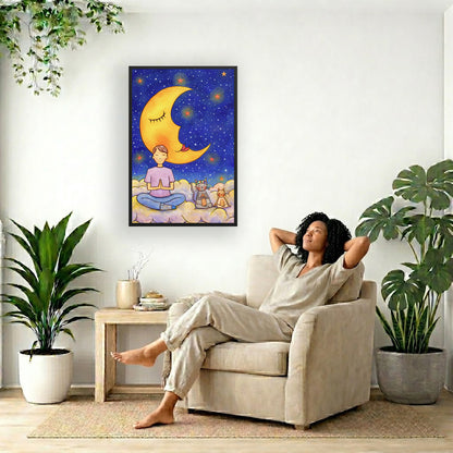 A man and his cats meditate together sitting on a cloud under the moon and the night sky.  The poster is framed and is in the center of the living room wall. To the right a woman is relaxing in a chair with her hands behind her head. To the left is a green floor plant and a hanging green plant. To the right of her is a green floor plant.
