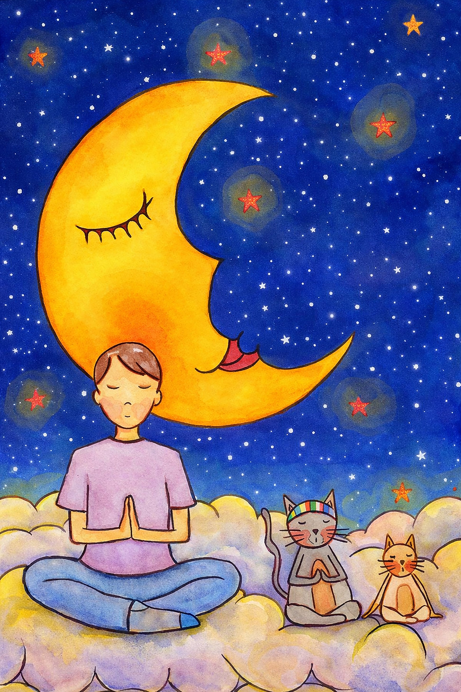 A man and his cats meditate together sitting on a cloud under the moon and the night sky. This is a print of the original hand-painted watercolor by Brazilian artist Thaís Suizo for the LET'S MEDITATE SERIES of mediation guides.
 