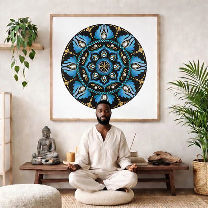 Mandala with spoke-like shapes radiating from the center, detailed symmetrical meditation artwork on a poster.The mandala poster is framed and is in the center of the living room wall. There is a man meditating facing away from the wall. Behind him is a coffee table with incense and a Buddha statue. There are potted plants on the right and left side of the background. 
