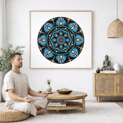 Mandala with spoke-like shapes radiating from the center, detailed symmetrical meditation artwork on a poster.The mandala poster is framed and is in the center of the living room wall. A man is on a chair on the left side of his living room meditating. On the right side is a cabinet with a Buddha statue on it.
