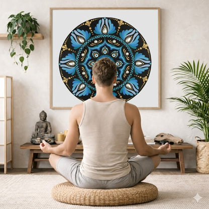 Mandala with spoke-like shapes radiating from the center, detailed symmetrical meditation artwork on a poster.The mandala is framed hanging on a living room wall. A man is mediating facing the mandala. There is a coffee table in front of him with burning candles and a Buddha statue. There are green potted plants on each side of the room.
