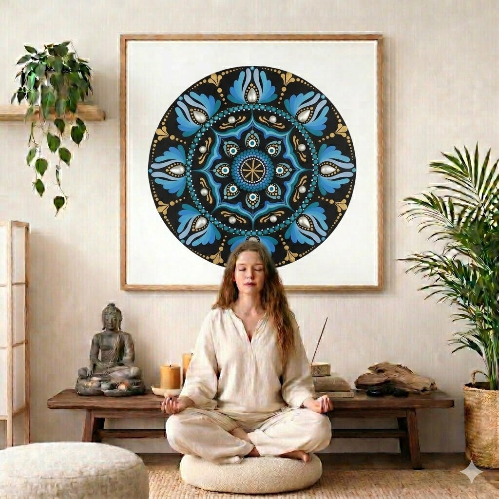 Mandala with spoke-like shapes radiating from the center, detailed symmetrical meditation artwork on a poster. The mandala poster is framed and is in the center of the living room wall. There is a woman meditating facing away from the wall. Behind her is a coffee table with incense and a Buddha statue. There are potted plants on the right and left side of the background. 
