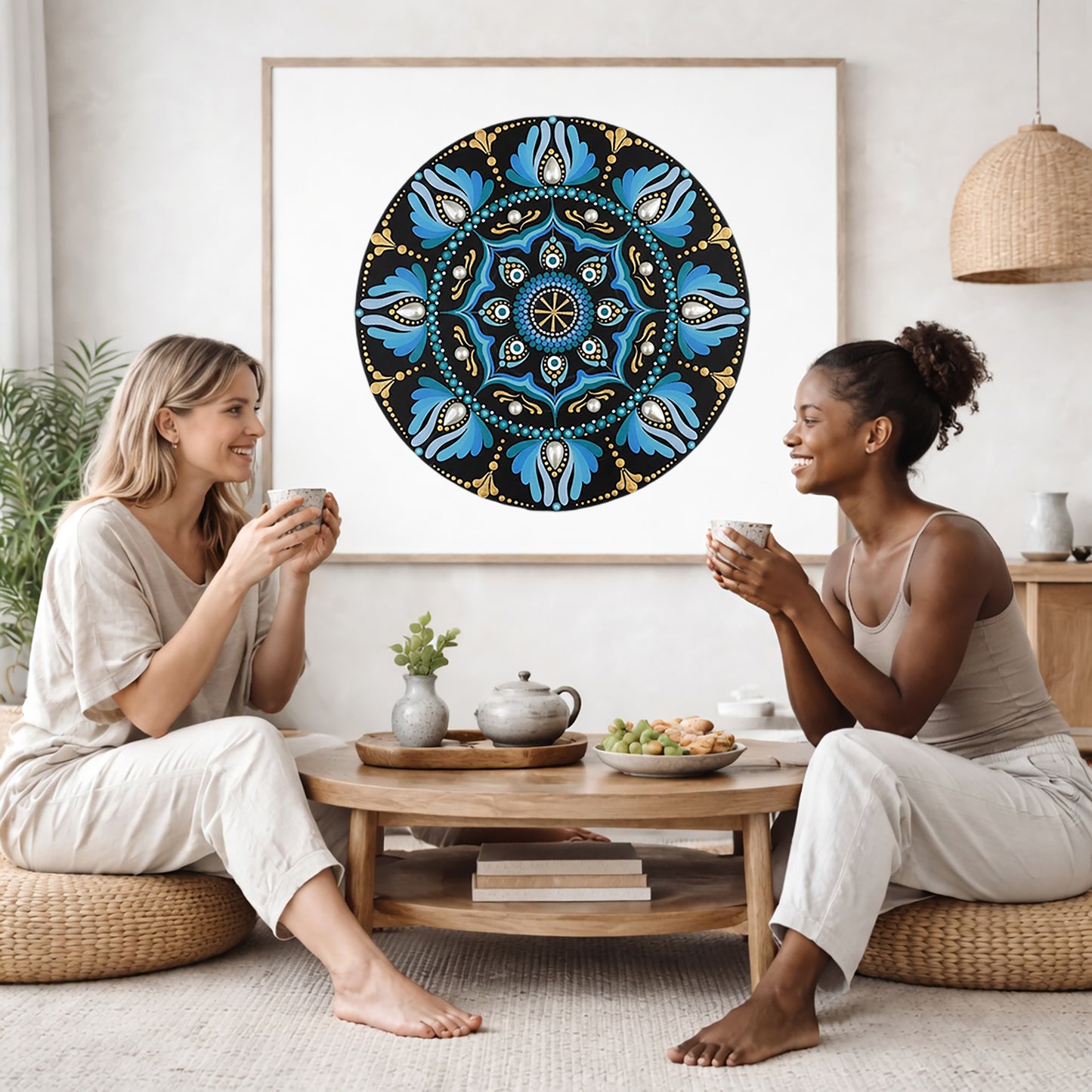 Mandala with spoke-like shapes radiating from the center, detailed symmetrical meditation artwork on a poster.The mandala poster is framed and is in the center of the living room wall. Two female friends are having tea, grapes and cookies on a coffee table in front of the mandala poster. On the left there is a green potted plant and to the right there is a hanging lamp.
