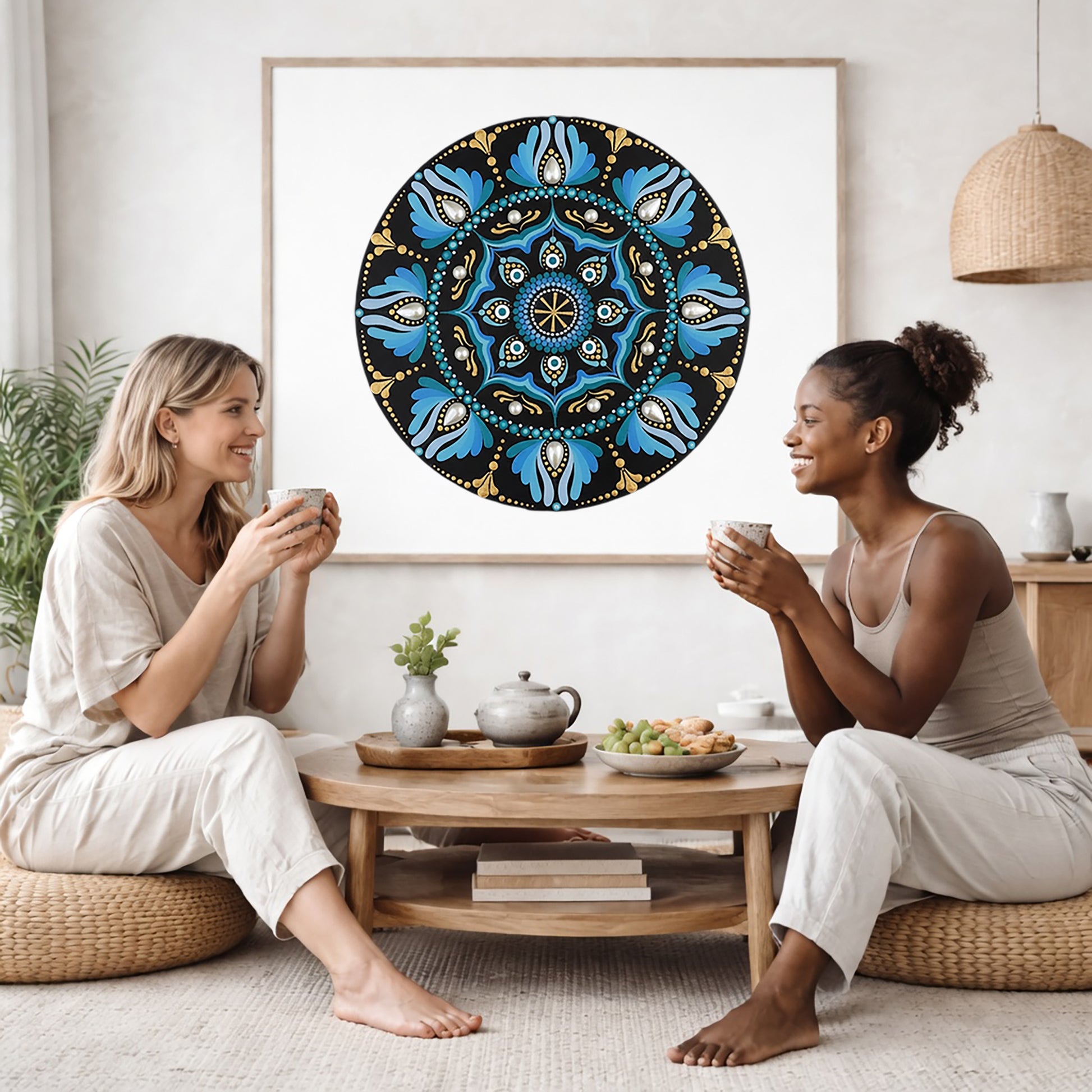 Mandala with spoke-like shapes radiating from the center, detailed symmetrical meditation artwork on a poster.The mandala poster is framed and is in the center of the living room wall. Two female friends are having tea, grapes and cookies on a coffee table in front of the mandala poster. On the left there is a green potted plant and to the right there is a hanging lamp.
