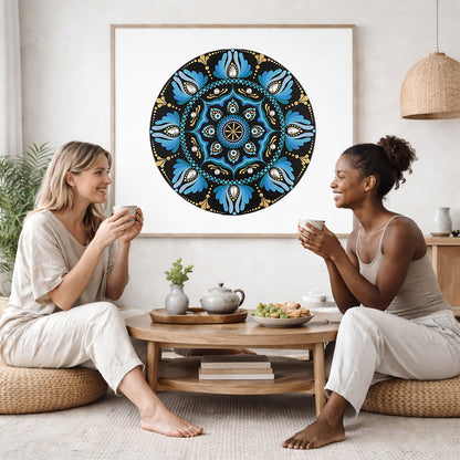 Mandala with spoke-like shapes radiating from the center, detailed symmetrical meditation artwork on a poster.The mandala poster is framed and is in the center of the living room wall. Two female friends are having tea, grapes and cookies on a coffee table in front of the mandala poster. On the left there is a green potted plant and to the right there is a hanging lamp.
