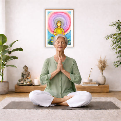 Poster of a young man's heart chakra glowing and aura energy flowing around him.  The poster is in the center of the living room wall. There is a woman meditating facing away from the wall. Behind her is a coffee table with incense and a Buddha statue. There are potted plants on the right and left side of the background.
