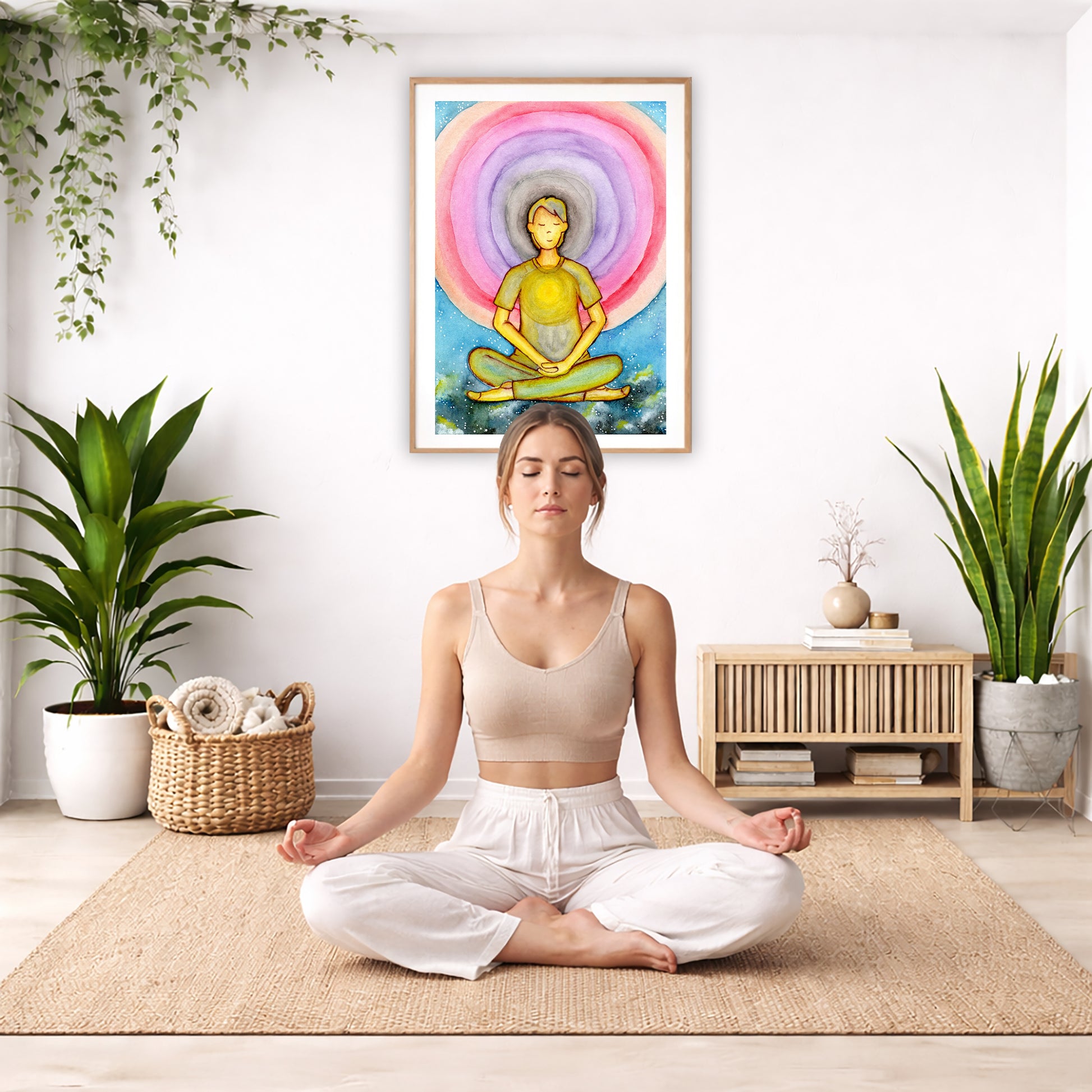 Poster of a young man's heart chakra glowing and aura energy flowing around him.  The poster is in the center of the living room wall. There is a woman meditating facing away from the wall. Behind her is a coffee table with incense and a Buddha statue. There are potted plants on the right and left side of the background.
