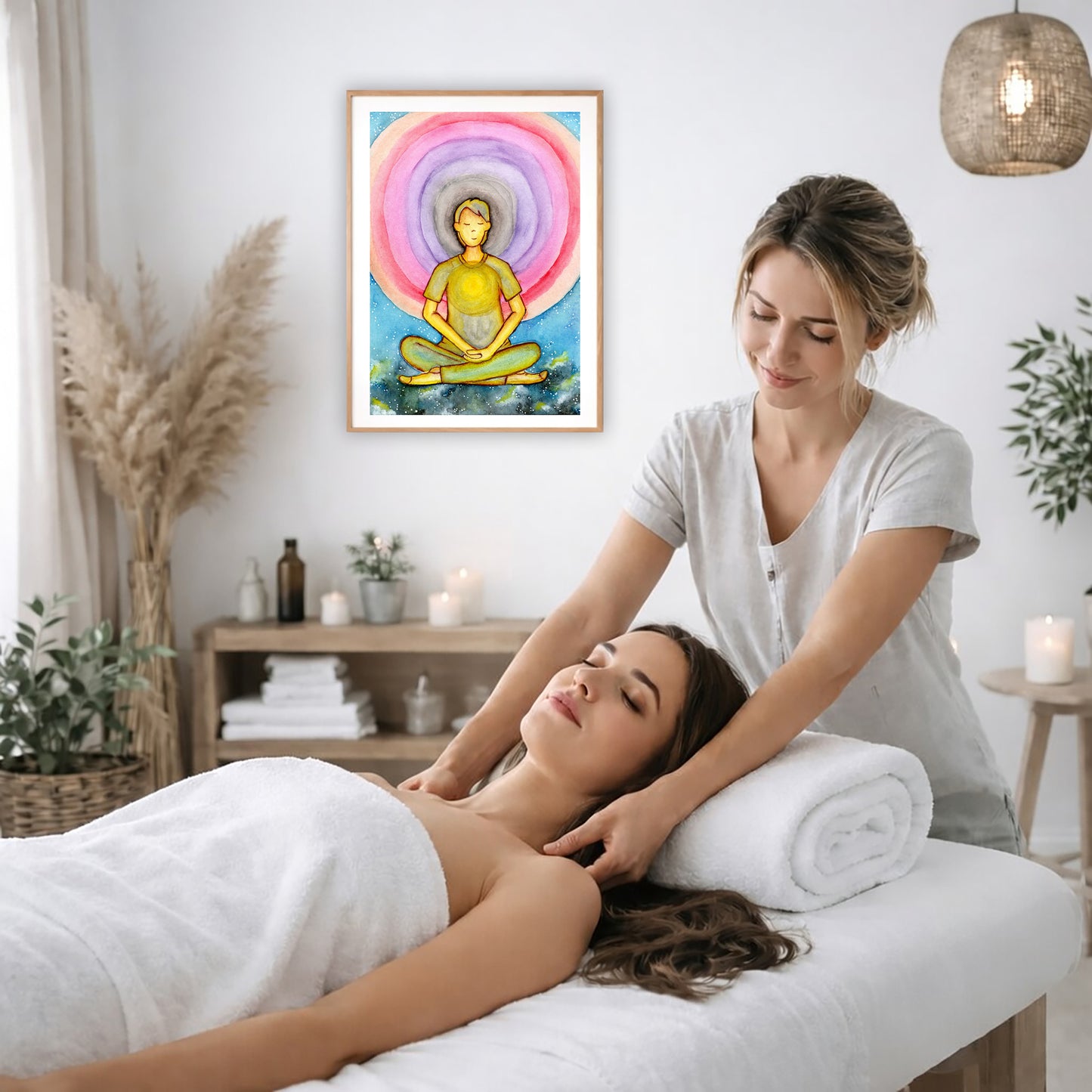 Poster of a young man's heart chakra glowing and aura energy flowing around him.  The poster is on the wall of the office of a massage therapist. The therapist is giving her female client a massage. The client is lying face up on a massage table wearing a white towel. To the left is a window, floor plant and large vase of dry flora. A shelf is underneath the poster with candles burning. There is a candle burning on a small table and a hanging lamp with a wicker shade on the right side.
