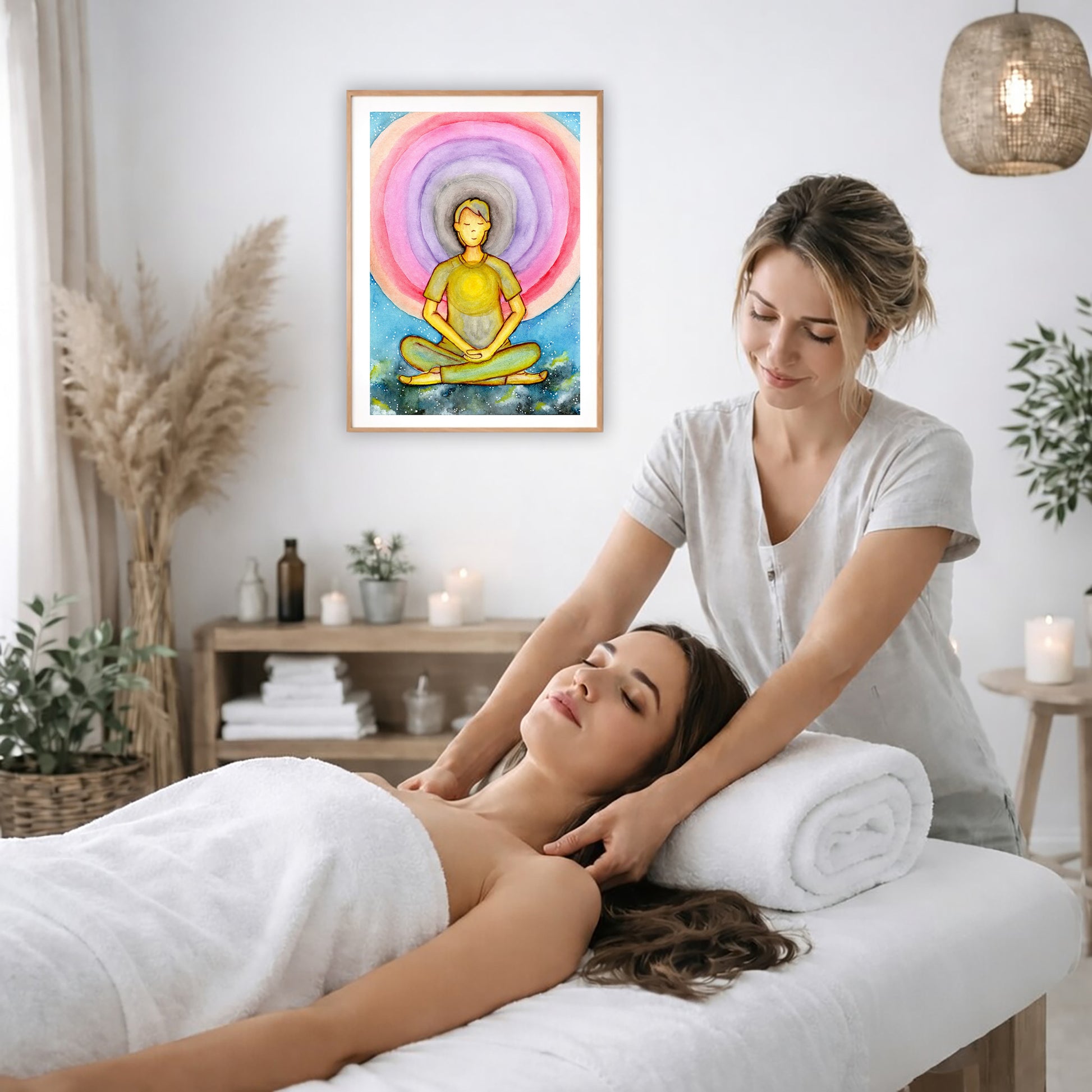 Poster of a young man's heart chakra glowing and aura energy flowing around him.  The poster is on the wall of the office of a massage therapist. The therapist is giving her female client a massage. The client is lying face up on a massage table wearing a white towel. To the left is a window, floor plant and large vase of dry flora. A shelf is underneath the poster with candles burning. There is a candle burning on a small table and a hanging lamp with a wicker shade on the right side.
