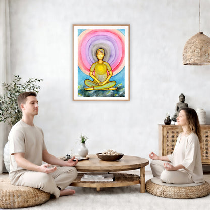 Poster of a young man's heart chakra glowing and aura energy flowing around him.  The poster is in the center of the living room wall. Two friends are sitting on wicker pillows meditating. Between them is a small round coffee table with incense, a green potted plant and a bowl of shells. There is a potted plant to the left and a Buddha statue and a vase to the right. 