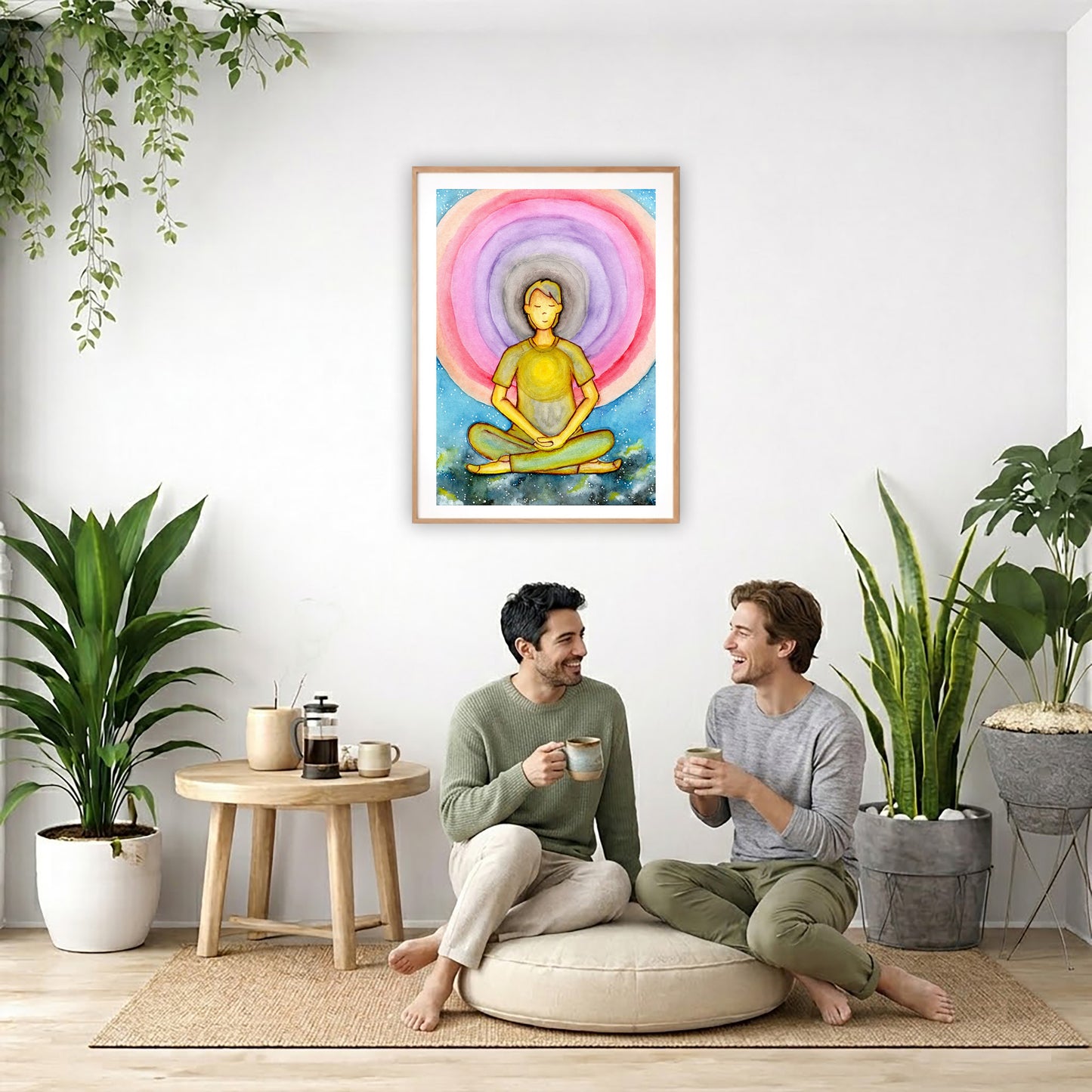 Poster of a young man's heart chakra glowing and aura energy flowing around him.  The poster is in the center of the living room wall. Two men are sitting on a giant pillow having a coffee. Beside them is a small tray with a pot of coffee and incense. To the left is a green floor plant and a hanging green plant. To the right of them is a green floor plant.