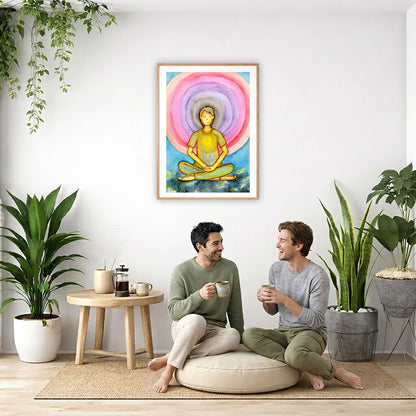 Poster of a young man's heart chakra glowing and aura energy flowing around him.  The poster is in the center of the living room wall. Two men are sitting on a giant pillow having a coffee. Beside them is a small tray with a pot of coffee and incense. To the left is a green floor plant and a hanging green plant. To the right of them is a green floor plant.