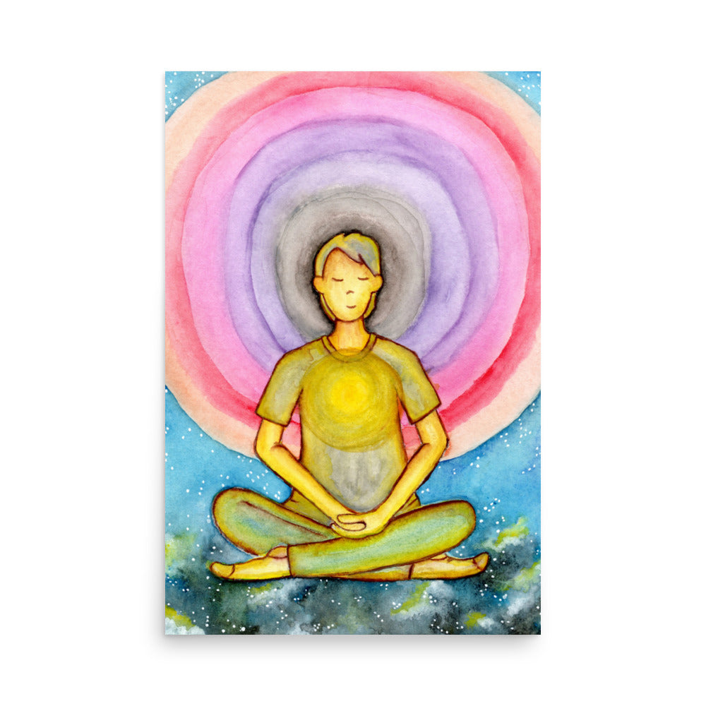 Poster of a young man's heart chakra glowing and aura energy flowing around him.  This is a print of the original hand-painted watercolor by Brazilian artist Thaís Suizo for the LET'S MEDITATE SERIES of mediation guides.