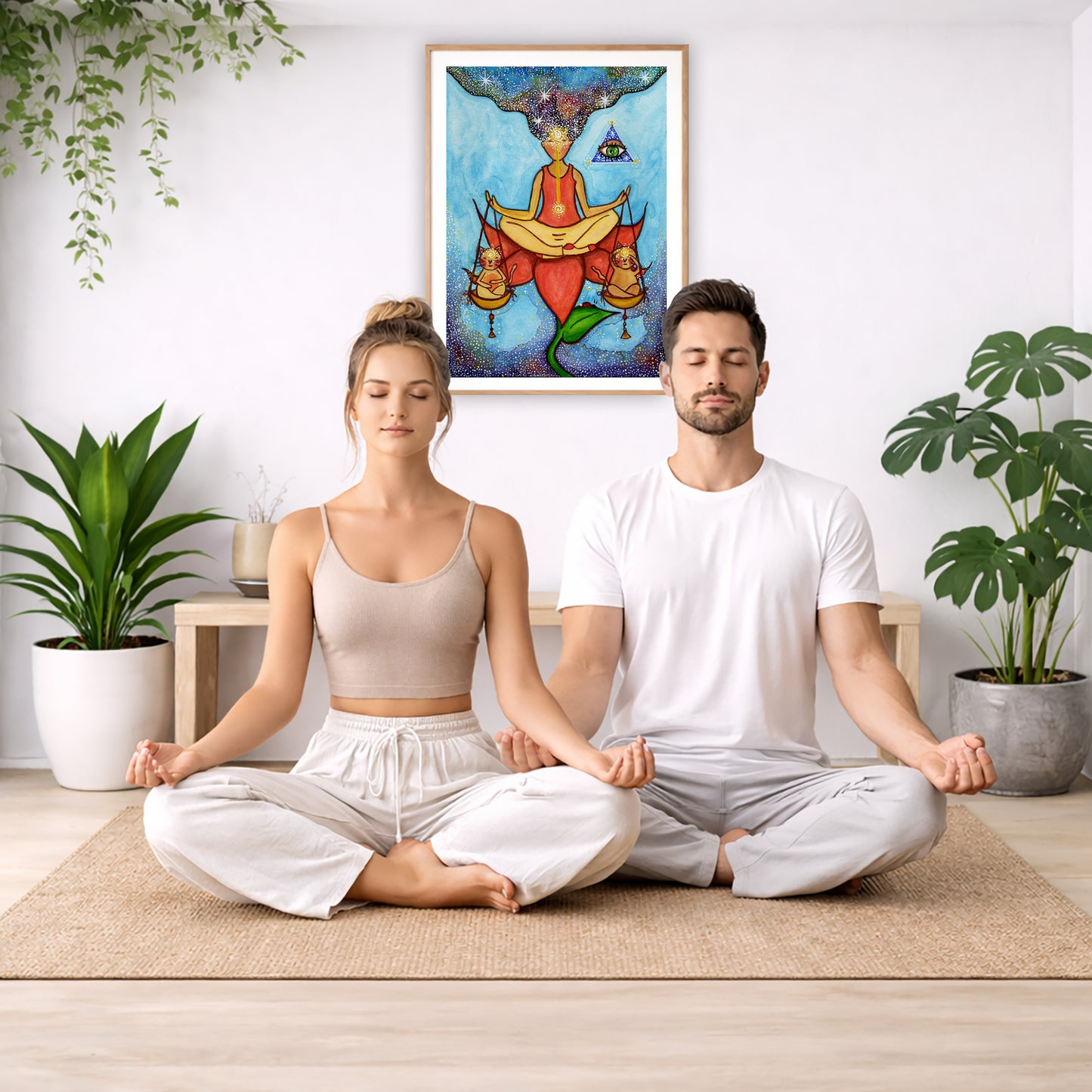 Poster of a woman meditating on a lotus with a glowing third eye and holding scales balancing two cats.  The poster is in the center of the living room wall. A couple are sitting on the living room carpet meditating. To the left is a green floor plant and a hanging green plant. To the right of them is a green floor plant.
