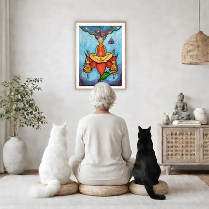 Poster of a woman meditating on a lotus with a glowing third eye and holding scales balancing two cats.  The poster is in the center of the living room wall. A woman is meditating facing the poster with a white cat on her left side and a black cat on her right side. There is a potted plant on the left side and a cabinet with a Buddha statue on it on the right side. 
