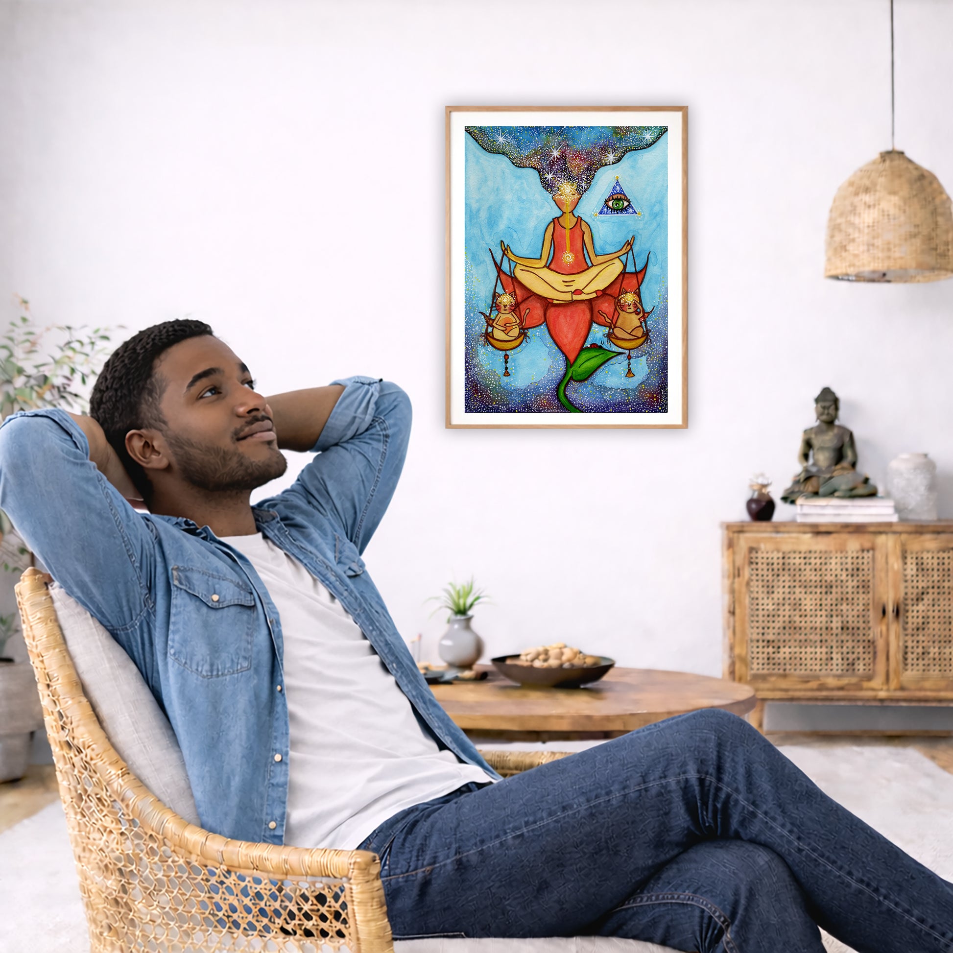 Poster of a woman meditating on a lotus with a glowing third eye and holding scales balancing two cats.  The poster is in the center of the living room wall. To the left a man is relaxing in her chair with his hands behind his head. There is a small coffee table beside him with a bowl of walnuts, incense and a small green plant. On the right side of the room is a cabinet with a Buddha statue, books and an urn on it. To the left is a green floor plant.
