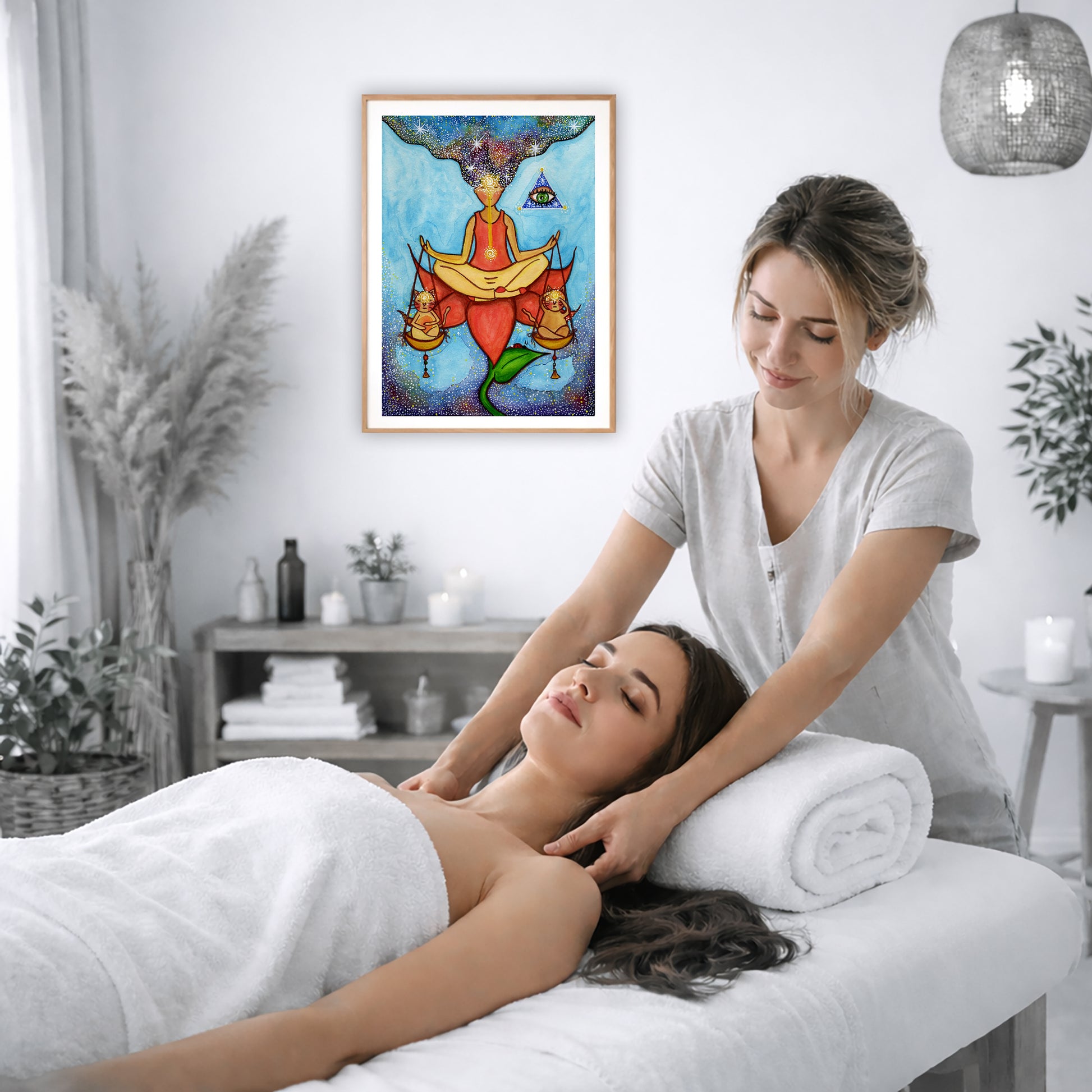 Poster of a woman meditating on a lotus with a glowing third eye and holding scales balancing two cats.  The poster is on the wall of the office of a massage therapist. The therapist is giving her female client a massage. The client is lying face up on a massage table wearing a white towel. To the left is a window, floor plant and large vase of dry flora. A shelf is underneath the poster with candles burning. There is a candle burning on a small table and a hanging lamp with a wicker shade on the right side