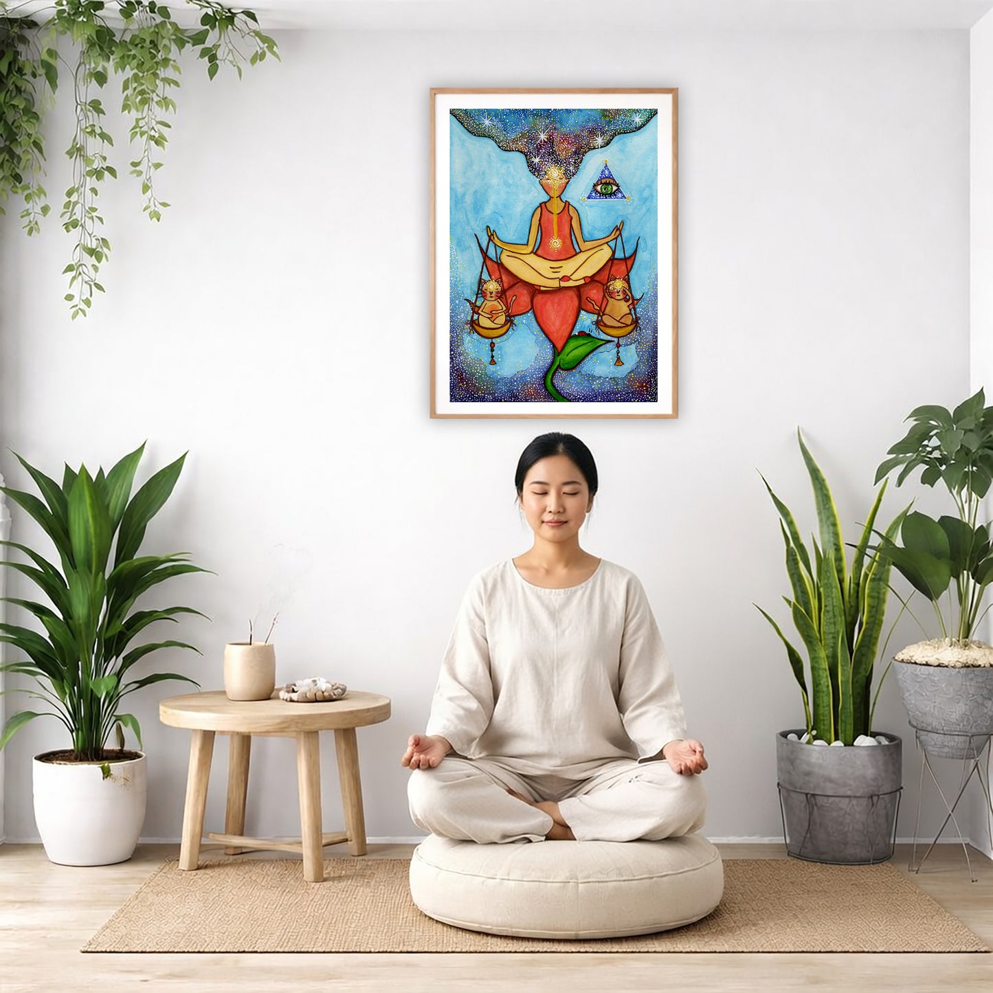 Poster of a woman meditating on a lotus with a glowing third eye and holding scales balancing two cats.  The poster is in the center of the living room wall. There is a woman meditating on a pillow facing away from the wall. There is a small table beside her with incense and meditation stones. There are potted plants on the right and left side of the background.