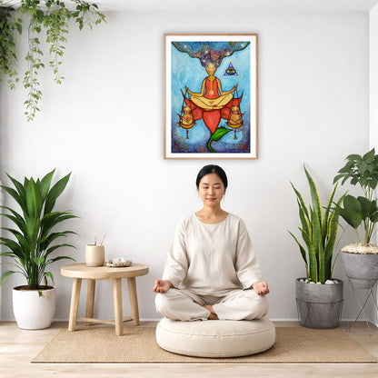 Poster of a woman meditating on a lotus with a glowing third eye and holding scales balancing two cats.  The poster is in the center of the living room wall. There is a woman meditating on a pillow facing away from the wall. There is a small table beside her with incense and meditation stones. There are potted plants on the right and left side of the background.