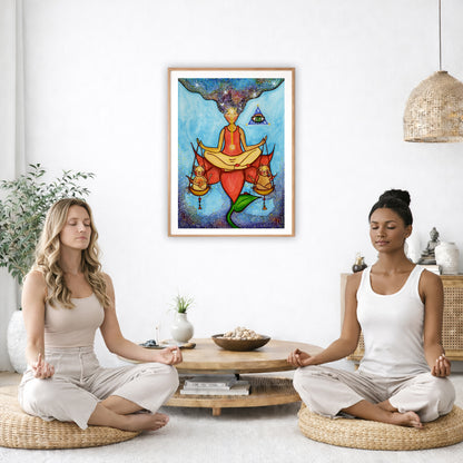 Poster of a woman meditating on a lotus with a glowing third eye and holding scales balancing two cats.  The poster is in the center of the living room wall. Two women are sitting on wicker pillows meditating. Behind them is a small round coffee table with incense, a green potted plant and a bowl of shells. There is a potted plant to the left and a Buddha statue and a vase to the right. 