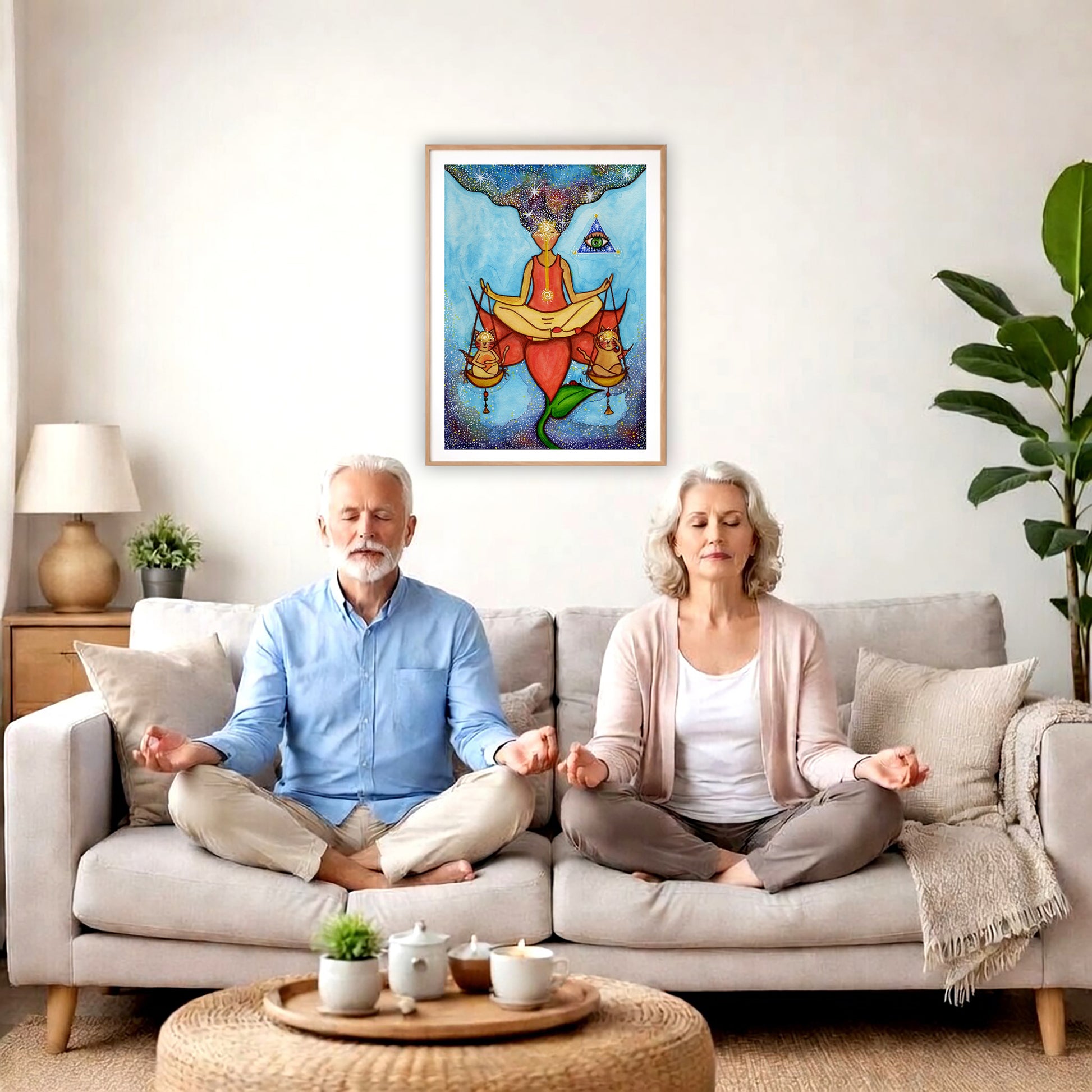 Poster of a woman meditating on a lotus with a glowing third eye and holding scales balancing two cats.  A couple is meditating on their couch. The poster is framed on a wall behind them. There is a coffee table in front with candles burning and a potted plant. There is a potted plant to the right and shelves on the left.
