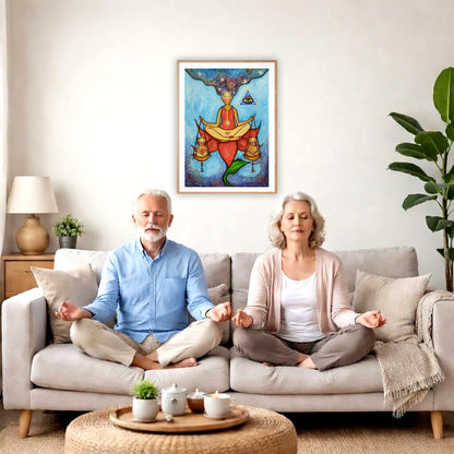 Poster of a woman meditating on a lotus with a glowing third eye and holding scales balancing two cats.  A couple is meditating on their couch. The poster is framed on a wall behind them. There is a coffee table in front with candles burning and a potted plant. There is a potted plant to the right and shelves on the left.
