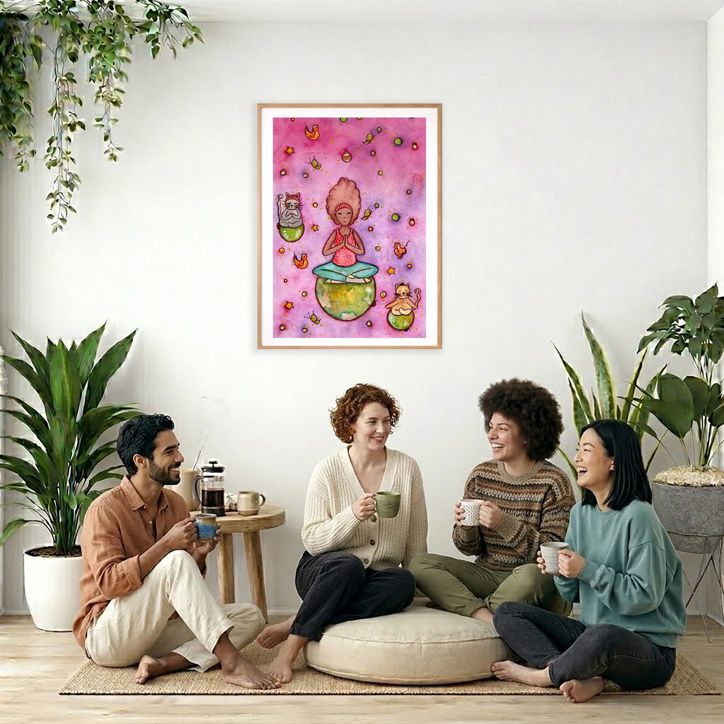 A woman and her cats meditating on the world with a pink background poster.  The poster is framed and is in the center of the living room wall. Four friends are sitting on the living room carpet below the poster. They are drinking coffee. To the left is a green floor plant and a hanging green plant. To the right of them is a green floor plant.
