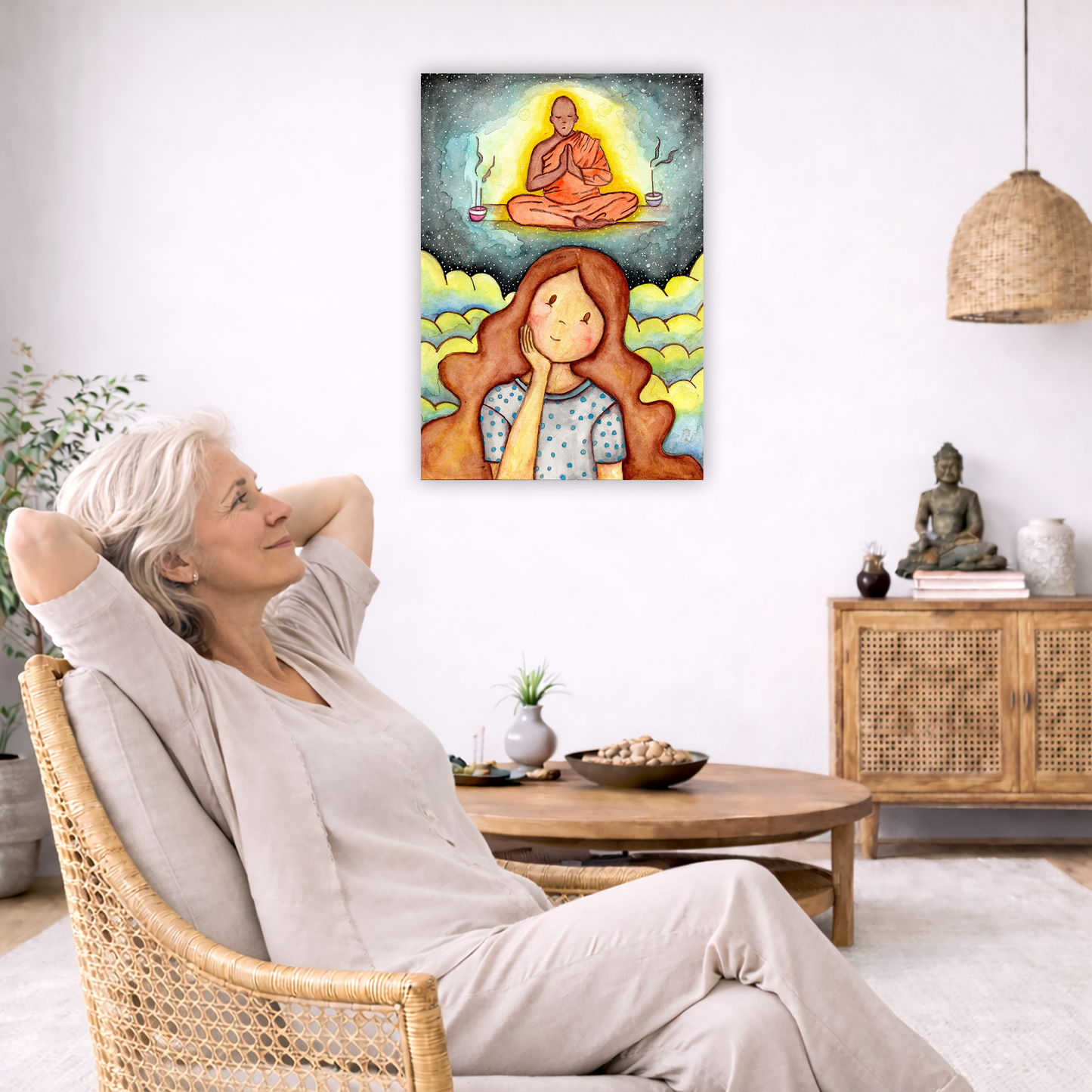 Poster of woman imagining the higher power that will guide her as she learns to meditate. The poster is framed and is in the center of the living room wall. To the left a woman is relaxing in her chair with her hands behind her head. There is a small coffee table beside her with a bowl of walnuts, incense and a small green plant. On the right side of the room is a cabinet with a Buddha statue, books and an urn on it. To the left is a green floor plant.
