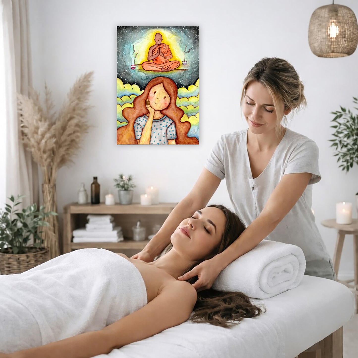 Poster of woman imagining the higher power that will guide her as she learns to meditate.  The poster is on the wall of the office of a massage therapist. The therapist is giving her female client a massage. The client is lying face up on a massage table. The client is wearing a white towel. To the left is a window, a floor plant and a large vase of dry flora. There is shelf underneath the poster with candles burning. There is also a candle burning on a small table on the right side. There is a lamp with a 