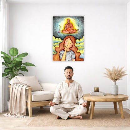 Poster of woman imagining the higher power that will guide her as she learns to meditate.  The poster is framed and is in the center of the living room wall. There is a man meditating facing away from the wall. Behind him is a coffee table with incense and a Buddha statue. There are potted plants on the right and left side of the background.

