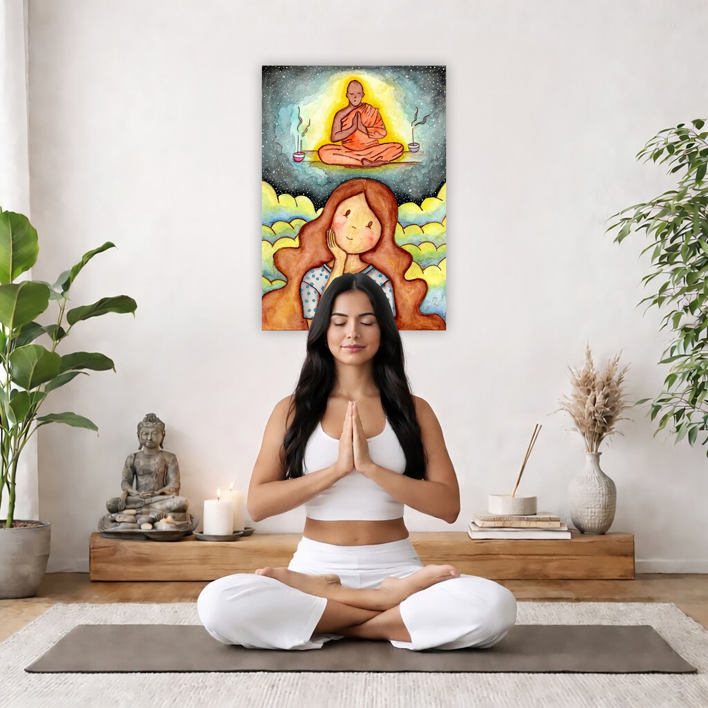 Poster of woman imagining the higher power that will guide her as she learns to meditate. The poster is framed and is in the center of the living room wall. There is a woman meditating facing away from the wall. Behind her is a coffee table with incense and a Buddha statue. There are potted plants on the right and left side of the background.
