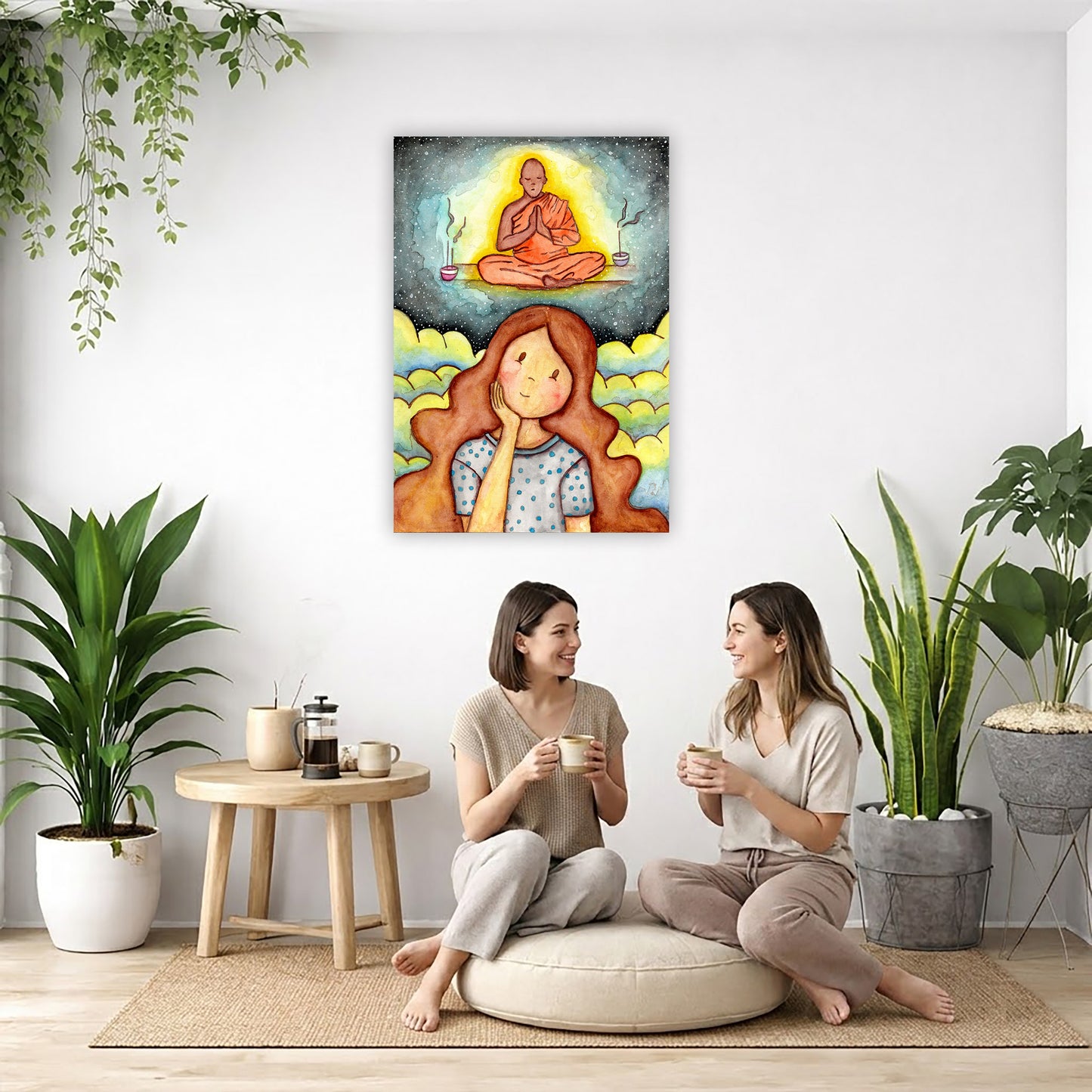 Poster of woman imagining the higher power that will guide her as she learns to meditate.  The poster is framed and is in the center of the living room wall. Two friends are sitting on the living room carpet having a coffee. Beside them is a small tray with a pot of coffee, cookies and a candle burning. To the left is a green floor plant and a hanging green plant. To the right of them is a green floor plant.