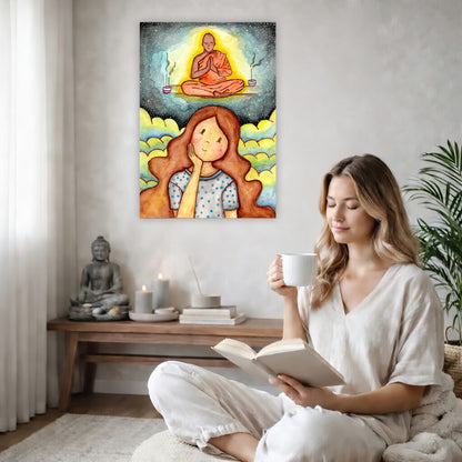 Poster of woman imagining the higher power that will guide her as she learns to meditate.  The poster is on the back wall in the living room. There is a coffee table below the poster with burning candles and a big piece of driftwood. A woman is sitting in a wicker chair on the right side of the poster with a cup of tea reading a book. There is a potted green plant behind her.