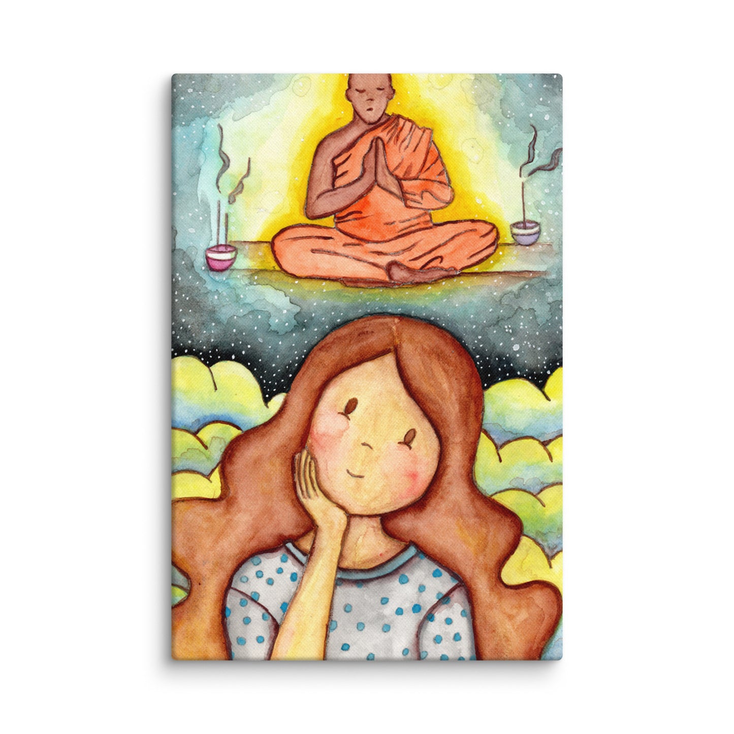 Poster of woman imagining the higher power that will guide her as she learns to meditate.  This is a print of the original hand-painted watercolor by Brazilian artist Thaís Suizo for the LET'S MEDITATE SERIES of mediation guides.
 