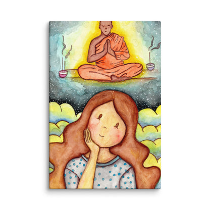 Poster of woman imagining the higher power that will guide her as she learns to meditate.  This is a print of the original hand-painted watercolor by Brazilian artist Thaís Suizo for the LET'S MEDITATE SERIES of mediation guides.
 