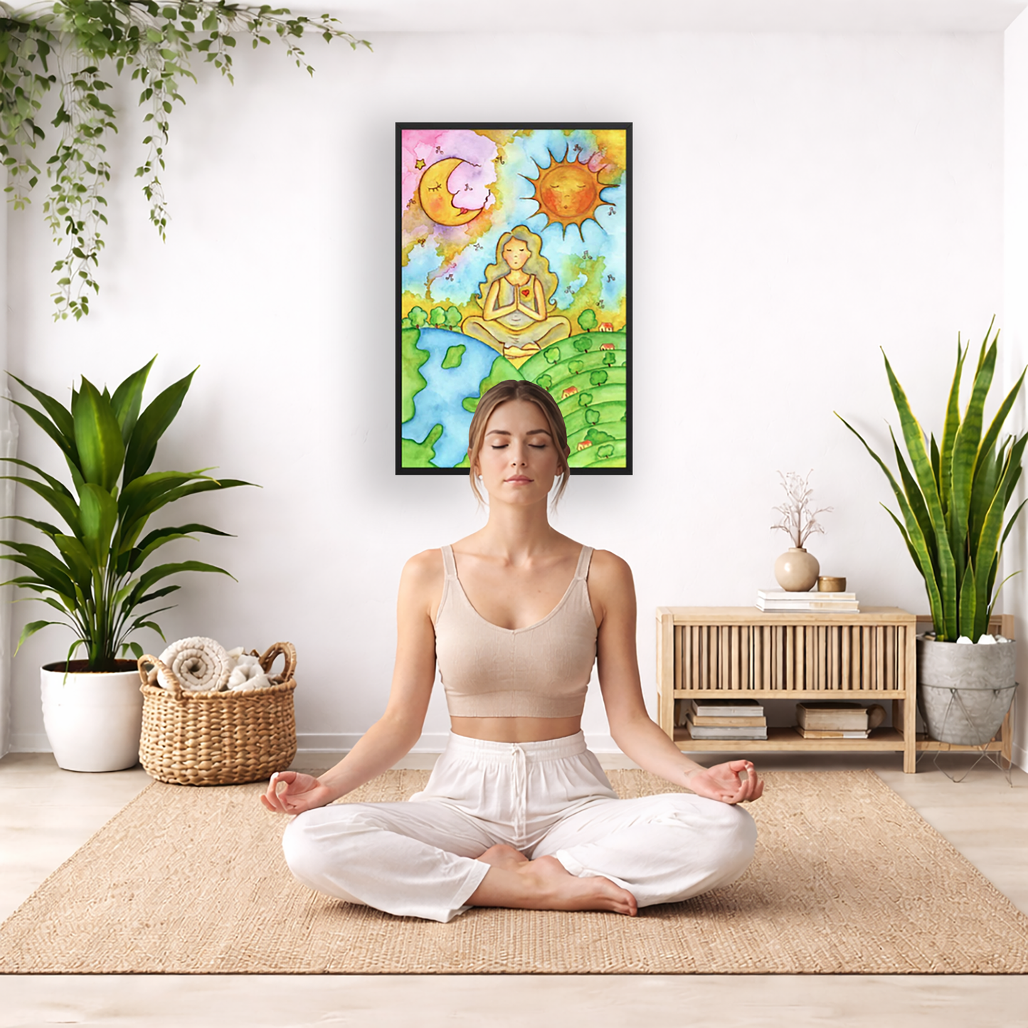 Poster of a woman meditating beneath the sun and moon in a cosmic design.  The poster is framed and is in the center of the living room wall. There is a woman meditating facing away from the wall. Behind her is a coffee table with incense and a Buddha statue. There are potted plants on the right and left side of the background. 
